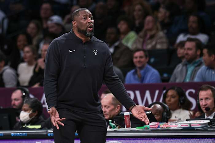 Milwaukee Bucks head coach Adrian Griffin reacts during the first quarter against the Brooklyn Nets